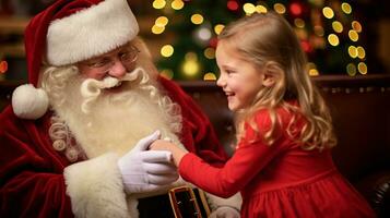 ai generative Children of different ethnicity meeting santa with a bokeh filled background photo