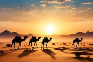 Silhouette of a caravan of camels in the desert at sunset Ai generated photo