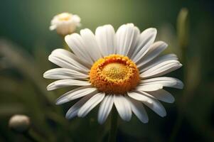 Beautiful white daisy flower on a background of green grass. Ai generated photo