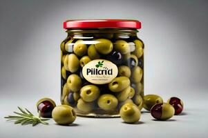 Green and black olives in a glass jars packshot. Ai generated photo