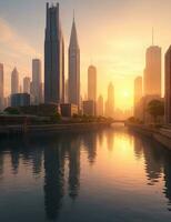 Building City And Sunrise, River And Sky Background, AI Generated photo