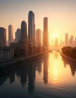 edificio ciudad y amanecer, río y cielo fondo, ai generado foto