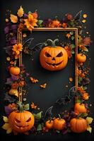 Halloween pumpkins with flying bat Ai generated photo