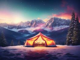 Night camping in the mountains. The tent stands on the snow against the backdrop of the mountains. Ai generated photo