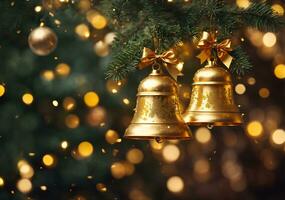 Navidad árbol con dorado pelotas y bokeh luces en antecedentes. ai generado foto