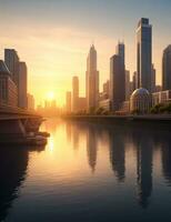 edificio ciudad y amanecer, río y cielo fondo, ai generado foto