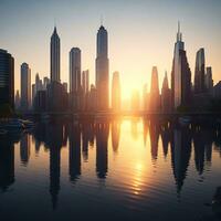 edificio ciudad y amanecer, río y cielo fondo, ai generado foto