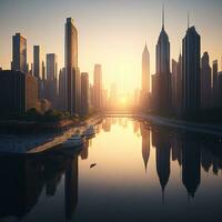 edificio ciudad y amanecer, río y cielo fondo, ai generado foto