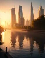 edificio ciudad y amanecer, río y cielo fondo, ai generado foto