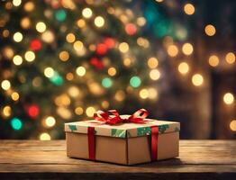 marrón regalo caja con Navidad ligero bokeh antecedentes. ai generado foto