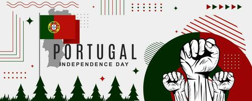 Portugal independence day banner, national day banner for portugal with flag, maps and clenched fist, Geometric retro shape in red and green colors. Vector illustration