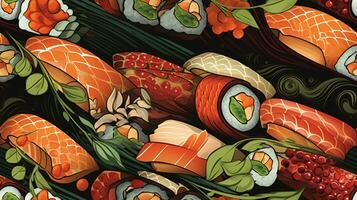 Sushi rolls and salmon green seamless pattern, ai generated photo