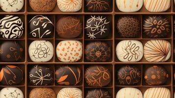 Colorful different shaped chocolate sweets row pattern in a gift box, ai generated photo