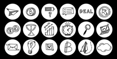 Doodle business icons in circles, sketch elements, financial hand drawn illustration. Vector growth success concept