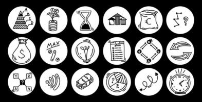 Doodle business icons in circles, sketch elements, financial hand drawn illustration. Pyramid, money, schemes, coins, lamp, time, arrows. Vector growth success concept on black background