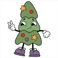 Retro Christmas tree kawaii. Cute Christmas tree with a face, arms and legs. vector