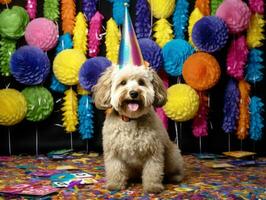 adorable perro posando con un cumpleaños pastel a un celebracion ai generativo foto