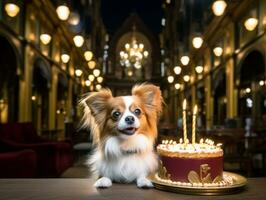 adorable perro posando con un cumpleaños pastel a un celebracion ai generativo foto