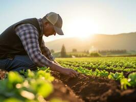 Farmer tending to rows of crops in a sunlit field AI Generative photo