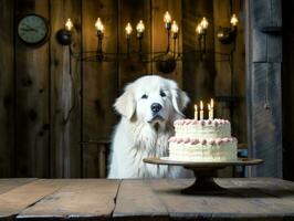 adorable perro posando con un cumpleaños pastel a un celebracion ai generativo foto