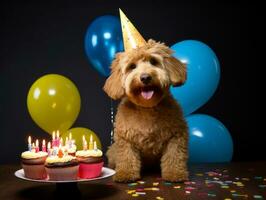 Adorable dog posing with a birthday cake at a celebration AI Generative photo