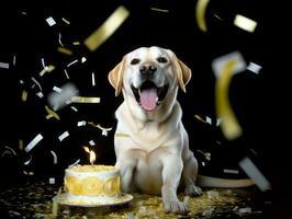 adorable perro posando con un cumpleaños pastel a un celebracion ai generativo foto