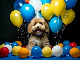 Adorable dog posing with a birthday cake at a celebration AI Generative photo