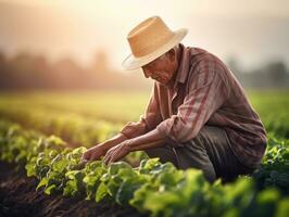 Farmer tending to rows of crops in a sunlit field AI Generative photo