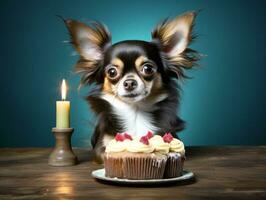 adorable perro posando con un cumpleaños pastel a un celebracion ai generativo foto