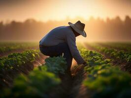 Farmer tending to rows of crops in a sunlit field AI Generative photo