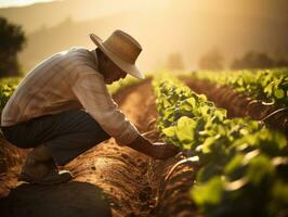 Farmer tending to rows of crops in a sunlit field AI Generative photo