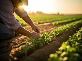 Farmer tending to rows of crops in a sunlit field AI Generative photo