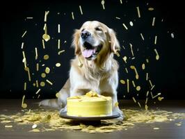 adorable perro posando con un cumpleaños pastel a un celebracion ai generativo foto