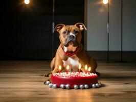 Adorable dog posing with a birthday cake at a celebration AI Generative photo