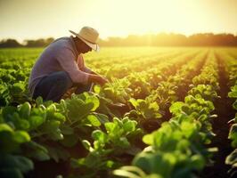 Farmer tending to rows of crops in a sunlit field AI Generative photo