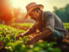 Farmer tending to rows of crops in a sunlit field AI Generative photo