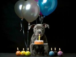 adorable perro posando con un cumpleaños pastel a un celebracion ai generativo foto