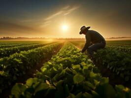 granjero tendiendo a filas de cultivos en un iluminado por el sol campo ai generativo foto