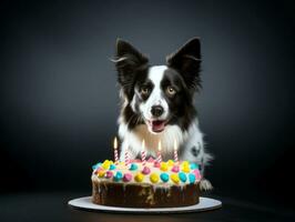 adorable perro posando con un cumpleaños pastel a un celebracion ai generativo foto