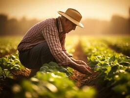 Farmer tending to rows of crops in a sunlit field AI Generative photo