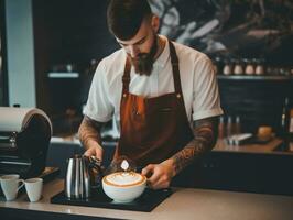 barista cuidadosamente elaboración un latté Arte diseño en un taza de café ai generativo foto