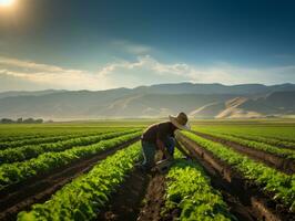 granjero tendiendo a filas de cultivos en un iluminado por el sol campo ai generativo foto