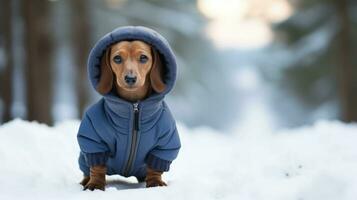 Dachshund in winter clothes walking outdoors. Purebred dog wearing blue jacket and standing on the snow. Pet fashion ai generated photo