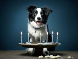 adorable perro posando con un cumpleaños pastel a un celebracion ai generativo foto