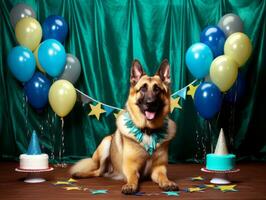 adorable perro posando con un cumpleaños pastel a un celebracion ai generativo foto