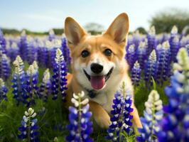 Curious dog exploring a field of blooming wildflower AI Generative photo