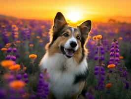 Curious dog exploring a field of blooming wildflower AI Generative photo