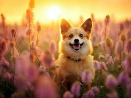 Curious dog exploring a field of blooming wildflower AI Generative photo