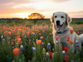 Curious dog exploring a field of blooming wildflower AI Generative photo