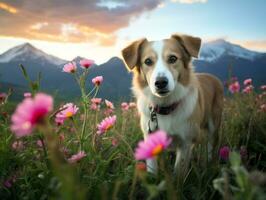 curioso perro explorador un campo de floreciente flor silvestre ai generativo foto